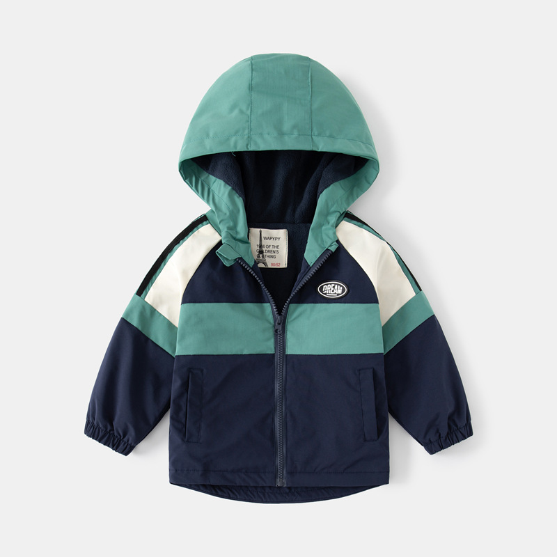 2023 new autumn boys thick coat baby windproof hooded jacket Korean color matching charge clothes children Wholesale