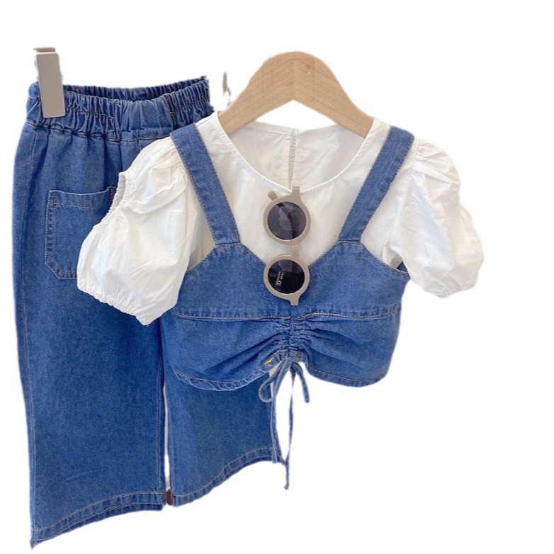 Girls' Suit Spring and Summer Children's Wear 7-year-old Children's Denim Suit Three-piece Sling Shirt Pants LT22171