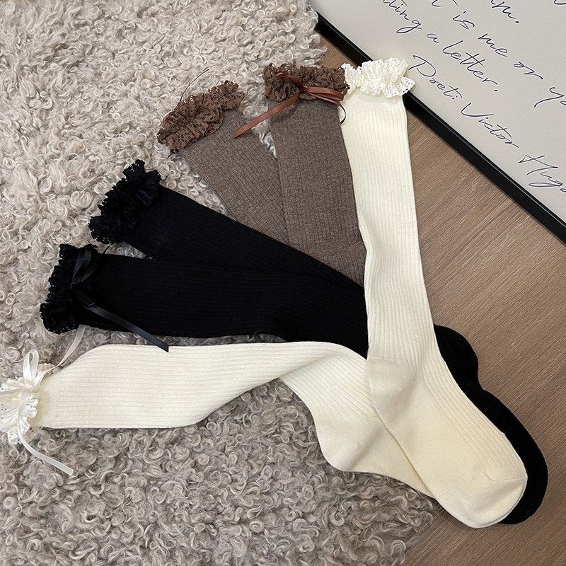 冬季莫蘭迪新品唯美羊毛蕾絲花邊蝴蝶結澳羊毛保暖顯瘦過膝長筒襪