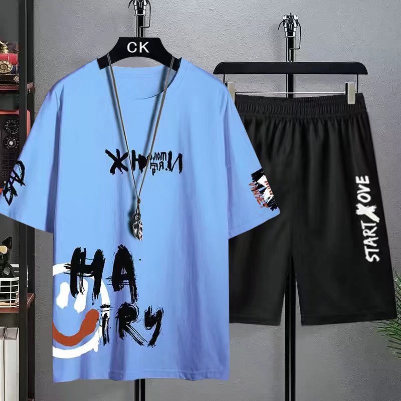 Men's sports casual suit summer ice silk thin fashion brand trendy summer short sleeve shorts suit men's clothing