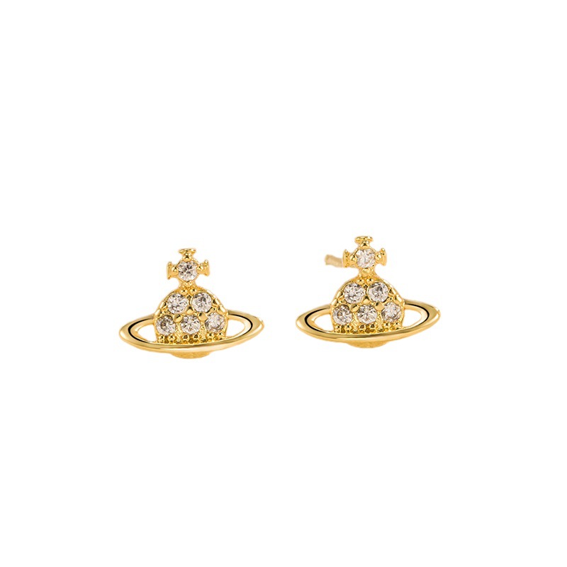 Saturn Zircon stud earrings niche design unique 2023 popular full diamond mini earrings fashion small cute earrings