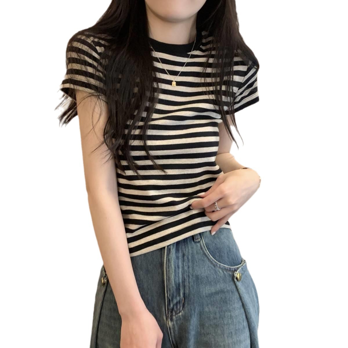 Striped Underwear Summer 2025 New Design Short Sleeve T-Shirt Women's American Retro Student Slim Top 