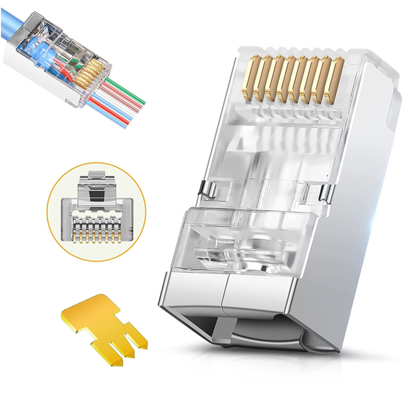 CAT6 six types of shielding through hole Crystal Head 8p Gigabit perforated network wire connector Network gold-plated crystal head through type