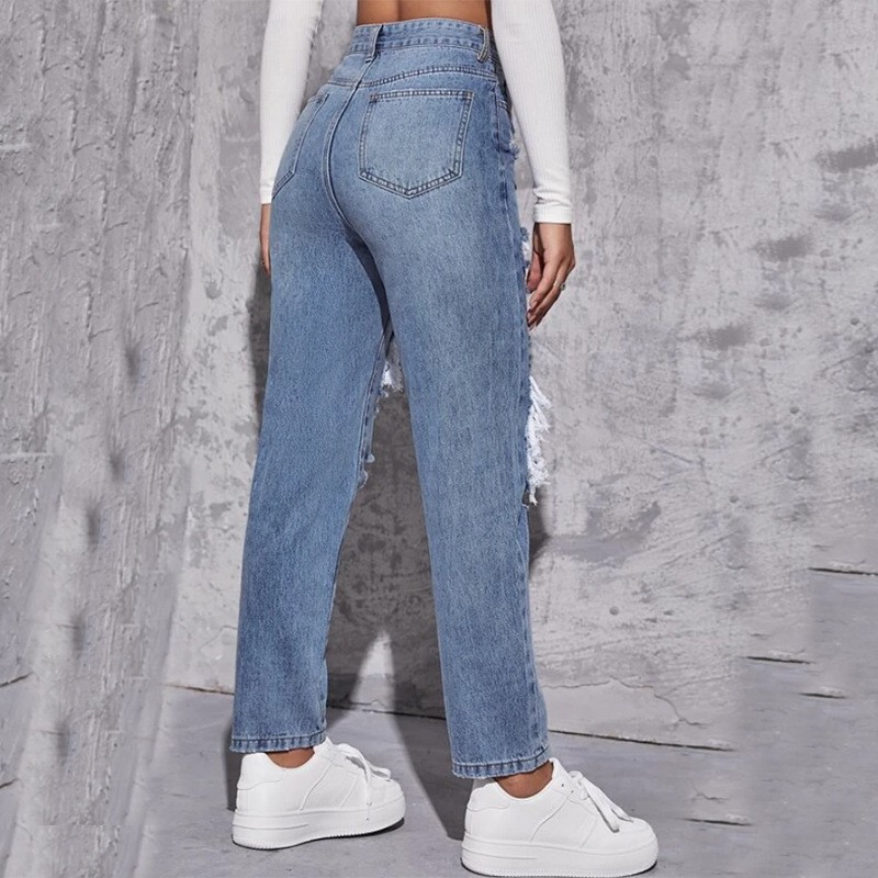 European and American Ripped Jeans Women's 2024 New Amazon Cross-border Hot Wash High Waist Straight Jeans