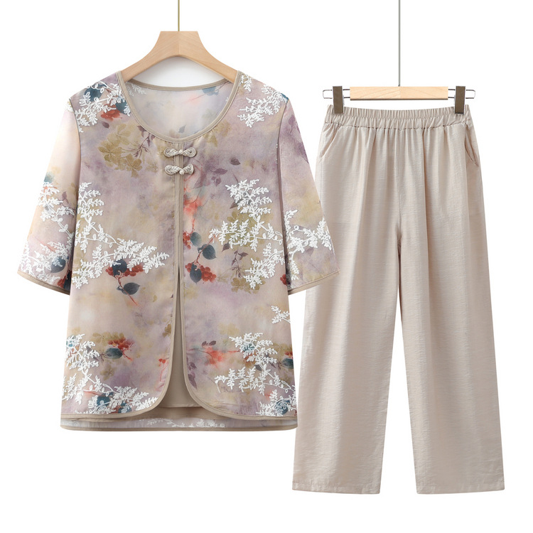Grandma 2024 New Fake Two-piece Shirt Middle-aged and Old Spring National Style Printed Top Female Mother Spring and Summer Shirt