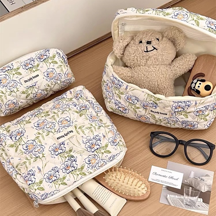 Portable Cosmetic Bag Large Capacity Small Floral Storage Portable Quilted Cotton Lovely Flower Ins Travel Student