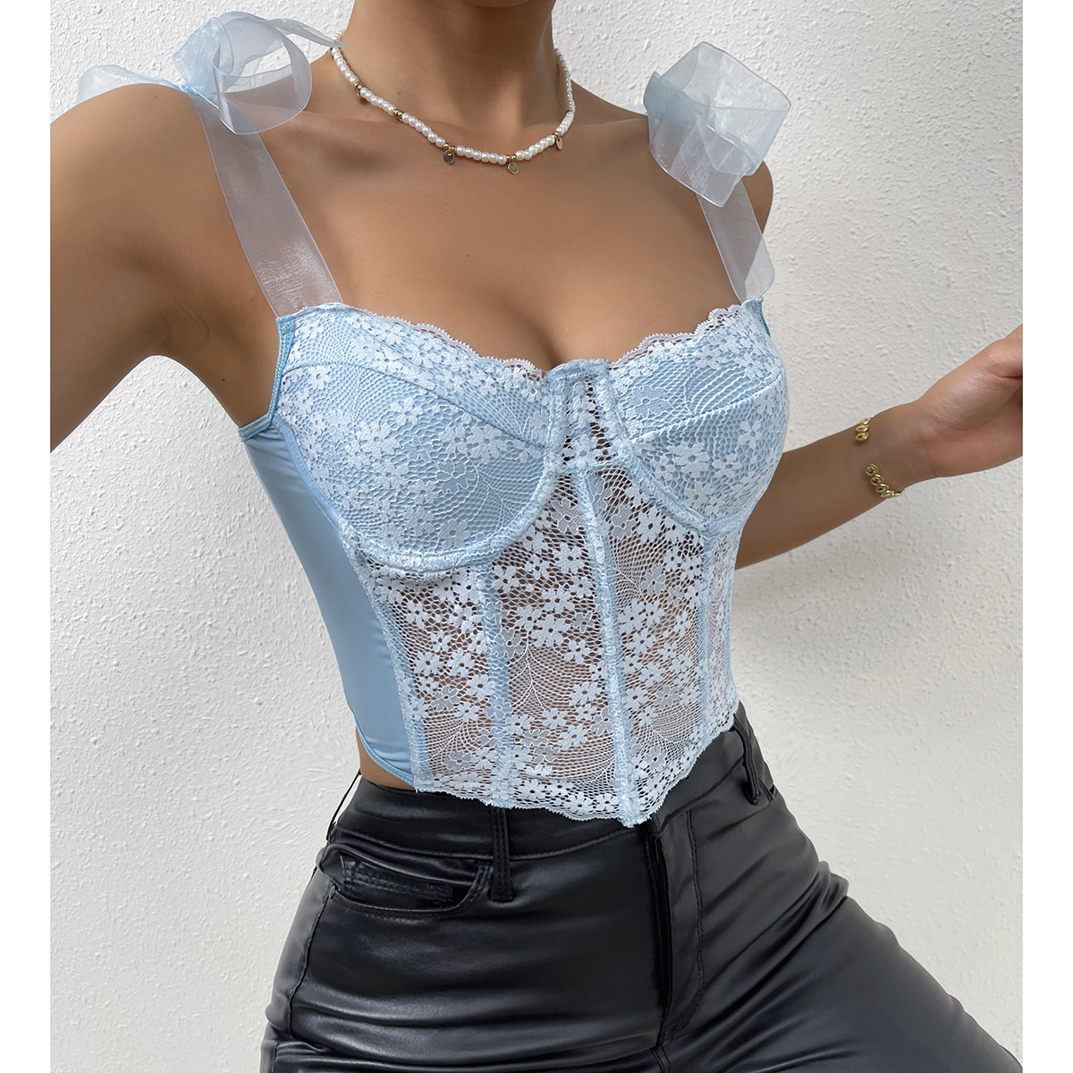 Cross-border European and American Foreign trade hot sale lace floral lace lace lace mesh hollow diamond fish bone ins vest women's clothing 8090