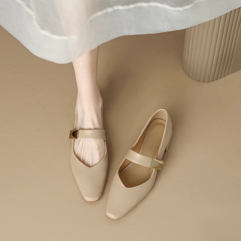 Great wear ~ leather square shoes female thick 2023 spring new versatile French French with Mary Jane women's shoes shallow