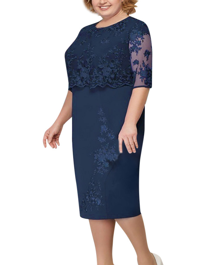 Amazon AliExpress wish cross-border European and American lace stitching fake two-piece chubby large size three-color dress