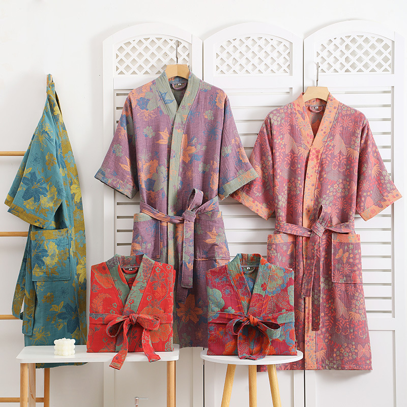 Pure cotton double gauze bathrobe spring and summer thin pajamas nightgown lovers home clothes absorbent quick-drying bathrobe wholesale