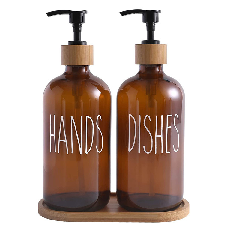 Custom Cross-border Amazon Body Soap Bamboo and Wood Pump Head Bottle Black and White Boston Brown Hand Soap Shampoo Bottle