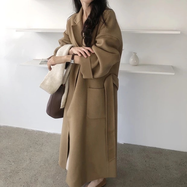 South Korea Dongdaemun 2023 autumn and winter New lace-up cashmere coat Women's Mid-length loose over-the-knee woolen coat_voghion.com