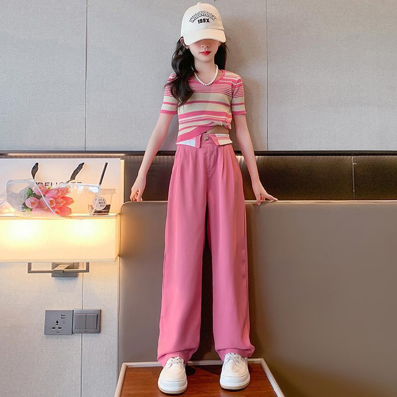 女童夏季新款套裝兒童撞色條紋短袖T恤兒童洋氣休閒闊腿褲兩件套