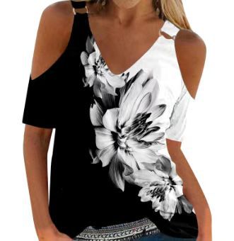 2023 cross-border European and American manufacturers supply 3D printing fashion V-neck loose T-shirt casual off-shoulder women's clothing