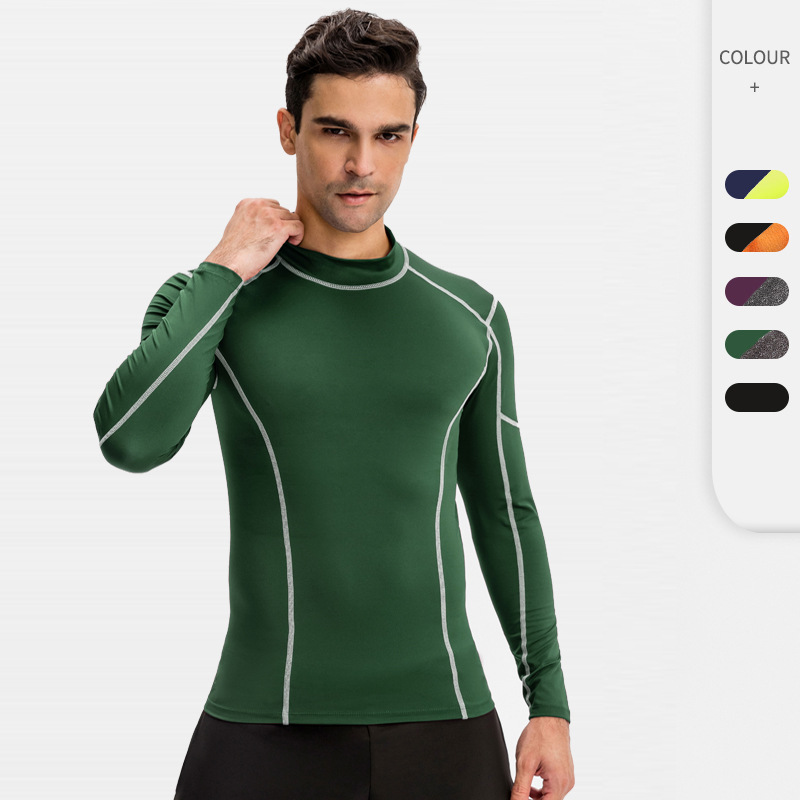 Men's Fitness Long-sleeved High-elastic Tight-fit Quick-drying Clothes Running Training Clothes High Collar Colorblock Sports Top 01506