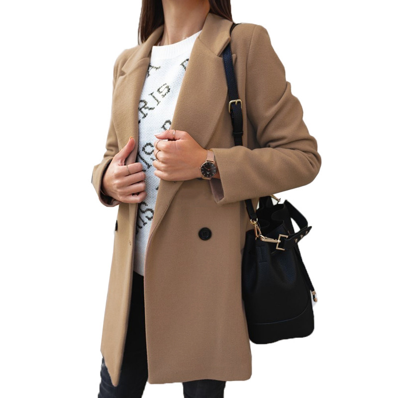 2023eBay Amazon wish autumn and winter solid color long sleeve double row button suit collar tweed coat women