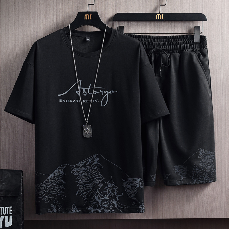 Sports suit men's summer short sleeve 2022 new trendy simple half sleeve printed T-shirt casual shorts set