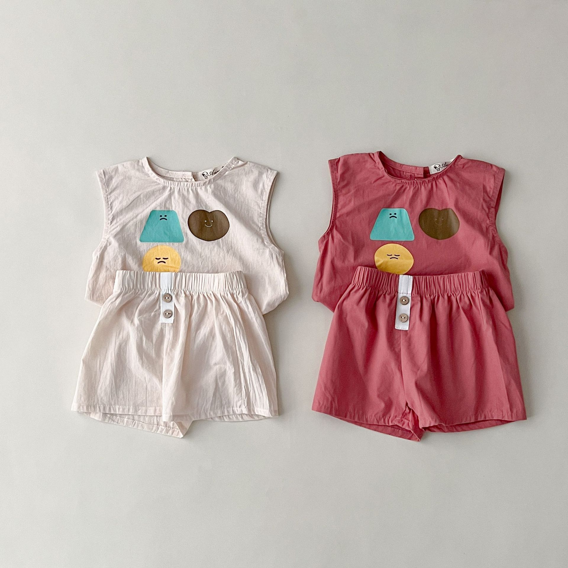 夏季新品2023韓版ins童裝卡通彩色圖形印花無袖T恤薄款男女童套裝