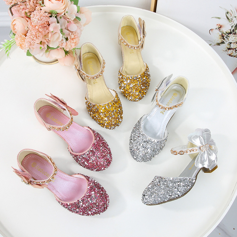 Girls' Princess leather shoes Korean style children's crystal shoes 2023 spring and summer dance high heel single-layer shoes middle and big children closed toe sandals