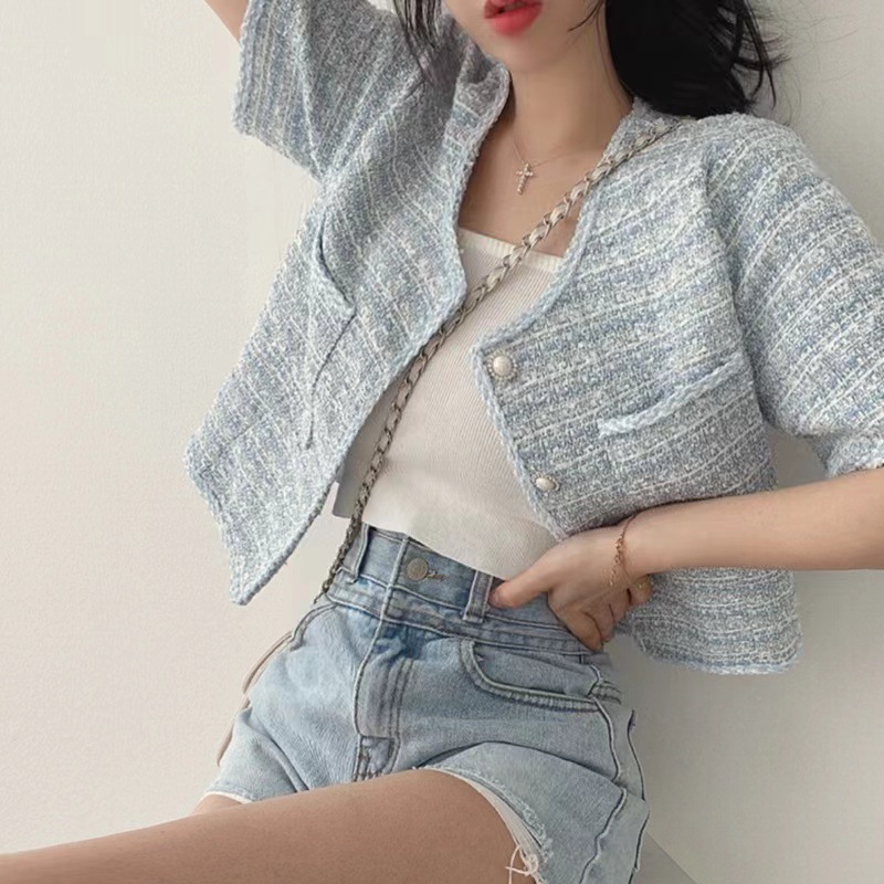 Koreanesche Chic Summer Einfach Elegant Ronn Ausschnëtt Locker Kant Perl Eenzelknäppt Duebeltasch Tweed Kuerzmantel_voghion.com