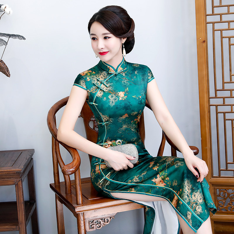中式八扣雙層長款改良旗袍2024新款女復古走秀款演出服裝一件代發