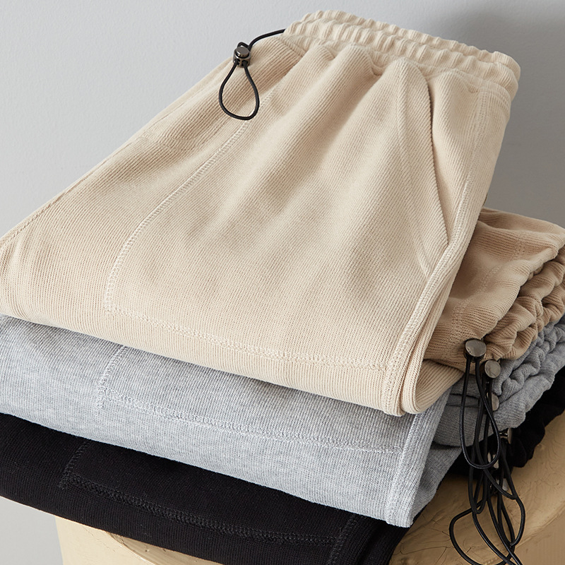 Spring and Summer New Plush Heavy Black Grey Adjustable Drawstring Pencil Pants Solid Color Pocket Loose Sweatpants for Men