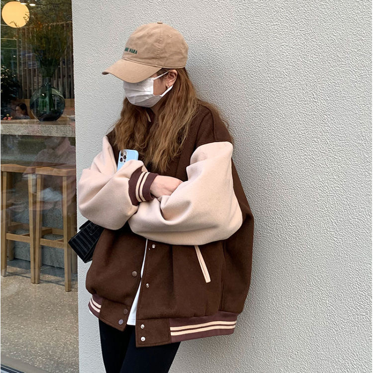 American baseball uniform sweater coat women's 2024 autumn and winter new fleece-lined thickened stitching loose street couple jacket