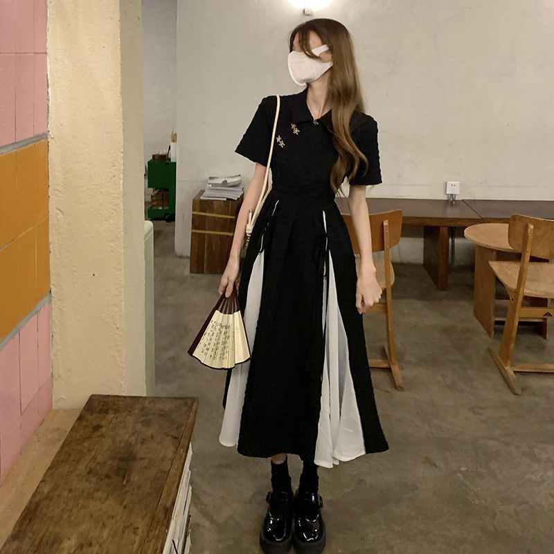 Improved Cheongsam Tea Break French Elegant Black Dress Short Long Dress 2024 New Women's Clothing