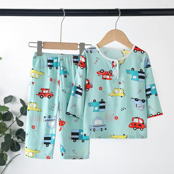 Children's Long Sleeve Pants Pajamas Wholesale Cotton Silk Sleeping Boys and Girls Baby Air Conditioning Home Suit Summer Cotton Silk