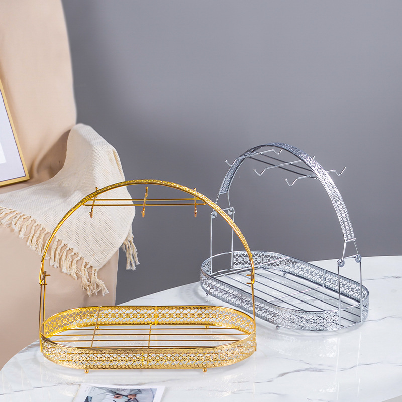 Household Western tea cup coffee cup creative carved draining hanging Cup iron rack tea set storage tray storage rack