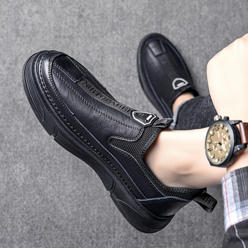 2023 Cotton Same Solid Color Casual Men's Shoes Daily Travel Trendy Board Shoes Low-top Black Round-toe Leather Shoes for Men