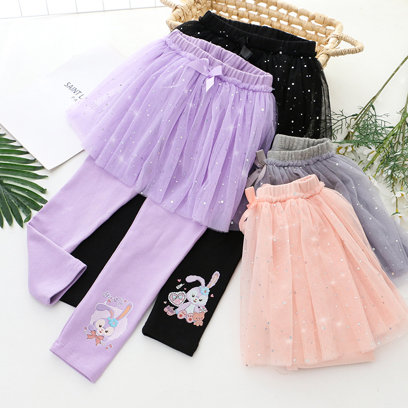 2023 Korean version of children's clothing new autumn girls skirt gauze fake two small and medium-sized children's cartoon printing a generation of hair