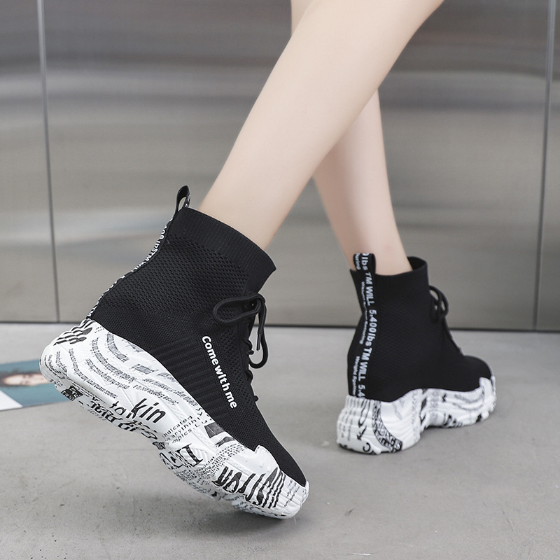 Flying Woven Stretch White Shoes Women's 2021 Spring and Autumn New Style Newspaper-soled High-top Shoes High Heel Loaf Socks Trendy Shoes