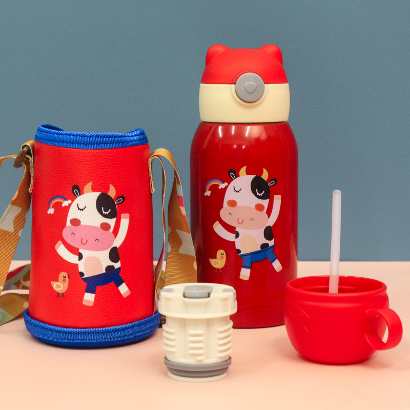 Cartoon Children's Straps Water Cup Straw Cup, Kindergarten Vacuum Double Lid 316 Double Layer Stainless Steel Insulated Cup