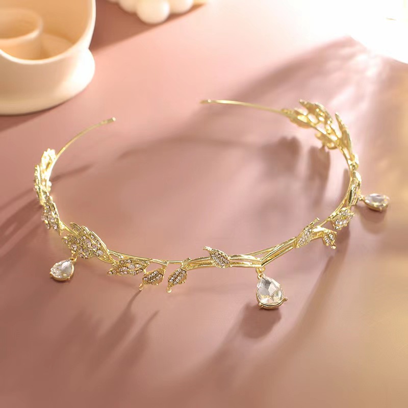 Crown Mori Leaves Water Drops Full Diamond Bridal Headwear Eyebrow Pendant Rhinestone Wedding Headwear Full Diamond Crown Headband
