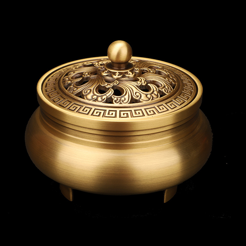 Copper incense burner wholesale brass flat bottom incense burner plate incense burner household three-legged golden lotus bronze incense burner with lid