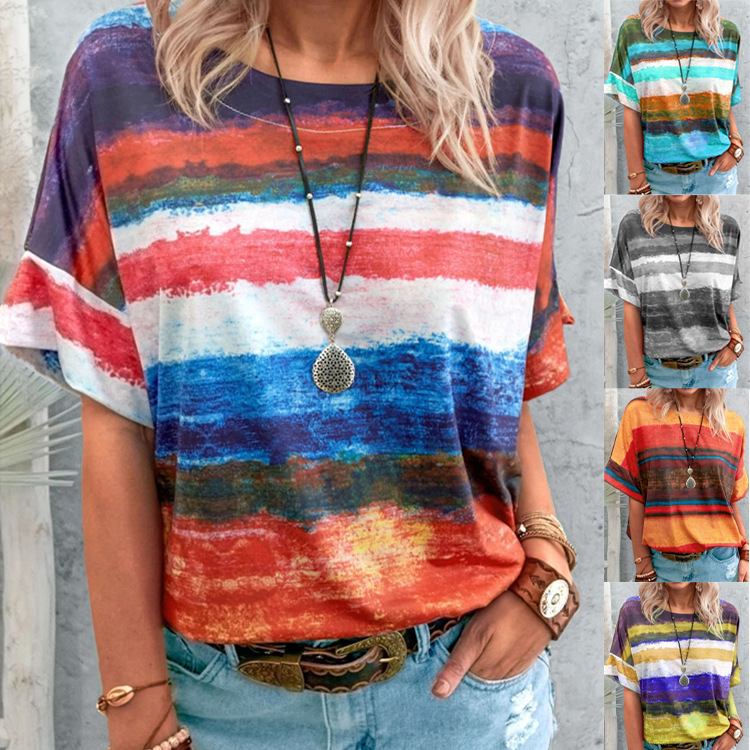 Amazon Explosions Foreign Trade Women's Cross-border 2021 New Summer European and American Gradient Contrast Women's Short-sleeved T-shirt for Women