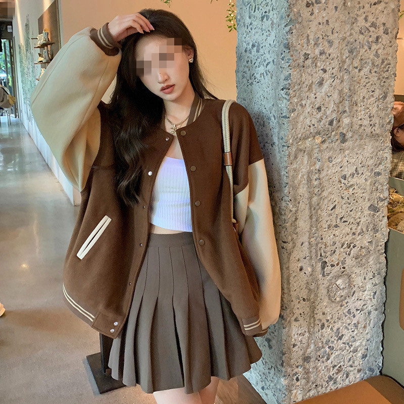 American baseball uniform sweater coat women's 2024 autumn and winter new fleece-lined thickened stitching loose street couple jacket