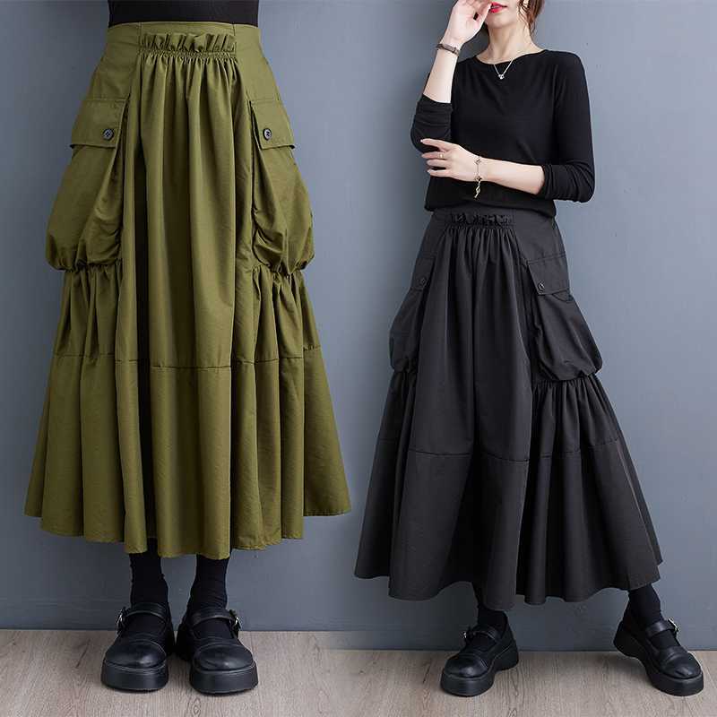 2023 Autumn New Korean style plus size loose slimming workwear large pocket large hem high waist pleated skirt