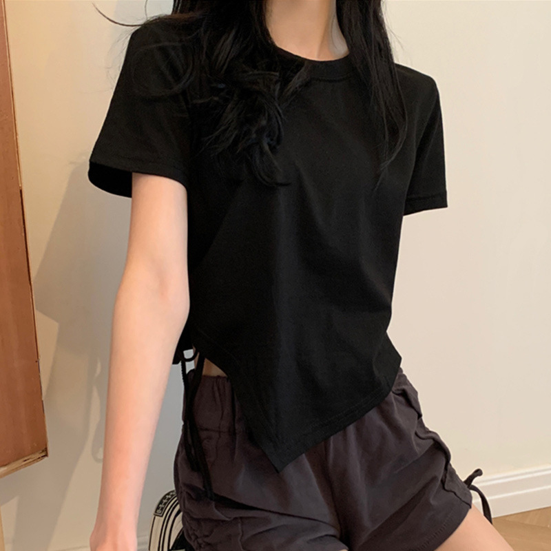 Short-sleeved T-shirt Women's Summer Short Shoulder Design Niche 2024 New Arrival Irregular Hot Girl Top