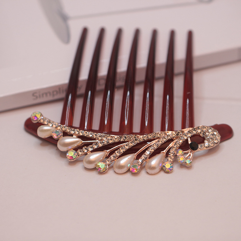Korean-style Seven-tooth hair comb Pearl plate hair comb all-match rhinestone non-slip hair iron back head hair accessories headdress