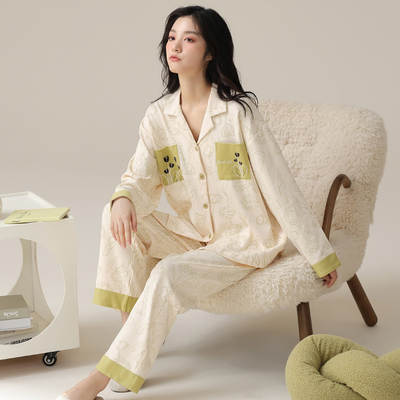 [Pure Cotton] 40 double-sided pajamas women's spring and autumn long-sleeved pants cardigan home clothing cute two-piece set can be worn outside