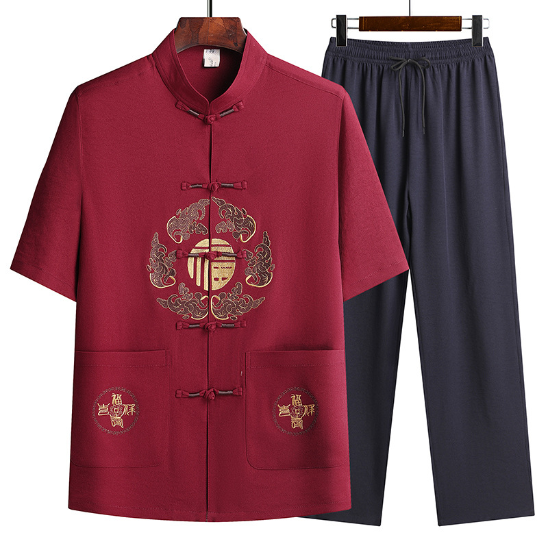 Chinese style Tang suit middle-aged and elderly summer suit dad suit Grandpa suit morning exercise Chinese style buckle elegant solid color embroidery