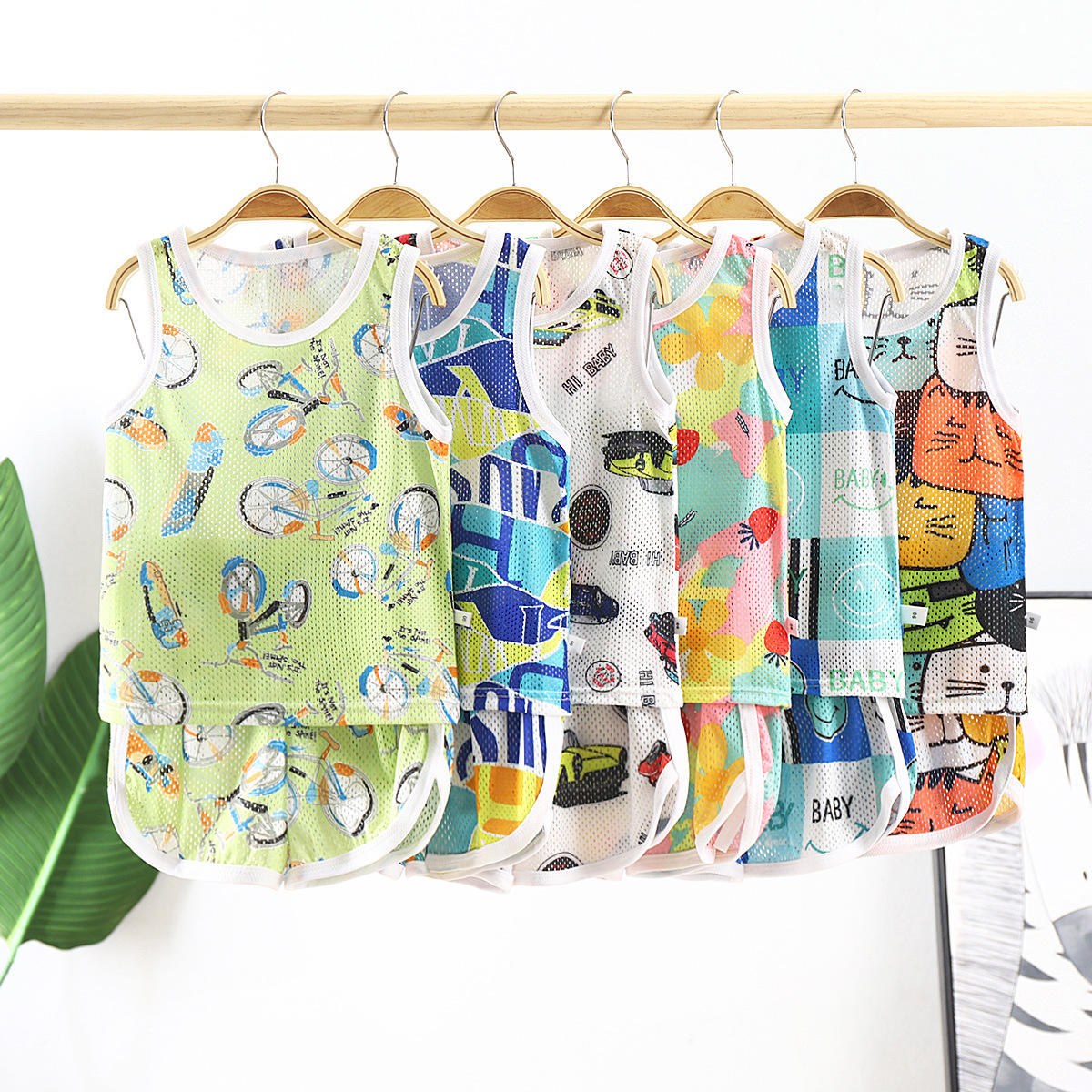 2024 new children's thin hollow vest suit boys and girls baby Summer mesh breathable sleeveless two-piece suit