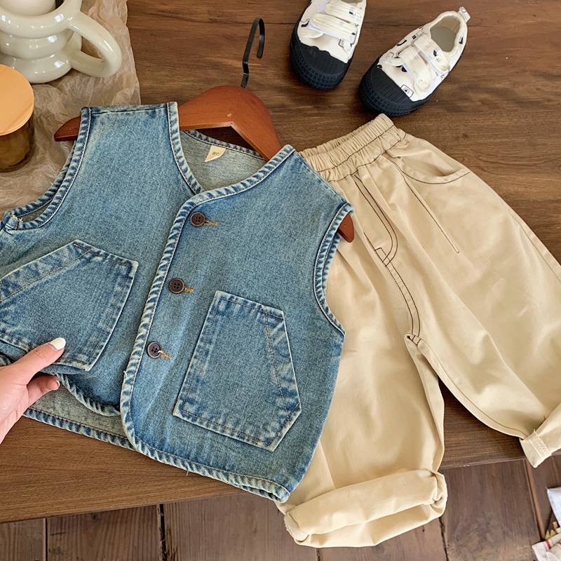 2024 children's clothing spring and autumn new children's Korean denim vest boy's autumn coat retro distressed children's top
