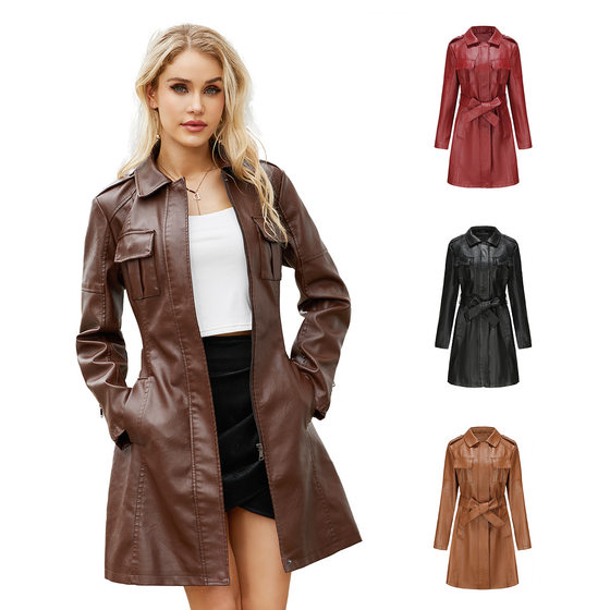 2023 New European and American Mid-length Leather Coat with Belt Spring and Autumn Long Sleeve Leather Coat Fashion British Coat Women