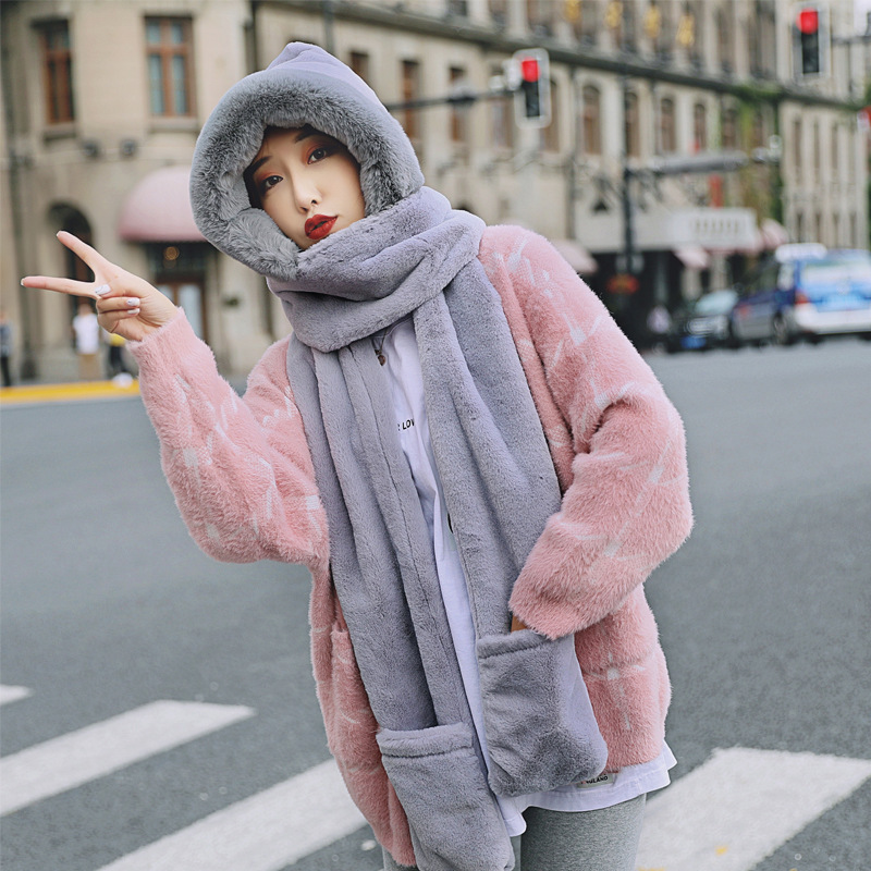 2024 Korean Style Solid Color Imitation Rabbit Hair Hooded Scarf Autumn and Winter Scarf Hat Gloves Three-piece Set Warm Scarf