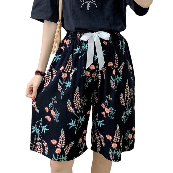 Women's cotton silk pajama pants summer thin plus size loose artificial cotton thick beach pants can be worn outside home pants floral middle pants