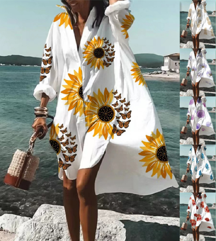 9392 Amazon Foreign Trade Fashion Women's Loose New Digital Printing Long Sleeve Lapel Shirt dress