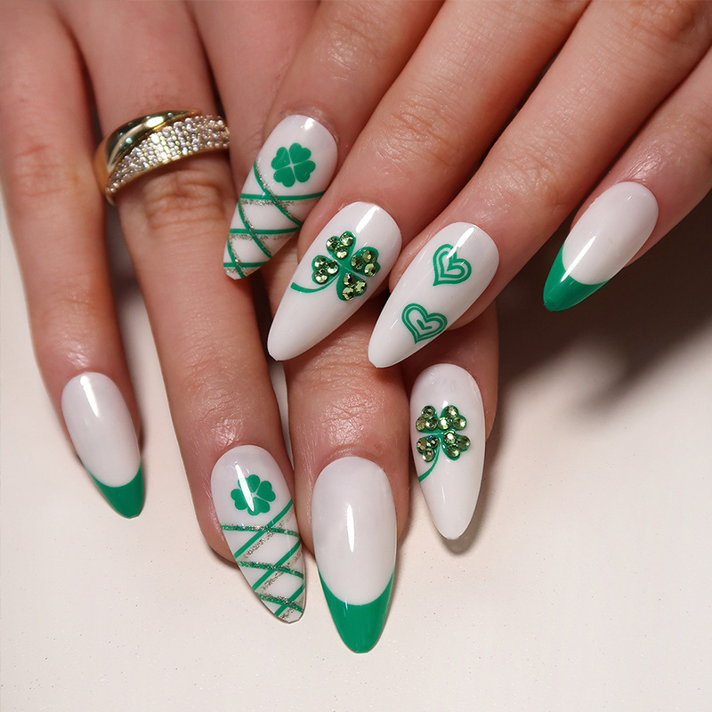 穿戴甲甲片聖帕特里克節美甲綠色水鑽愛心四葉草 press on nail